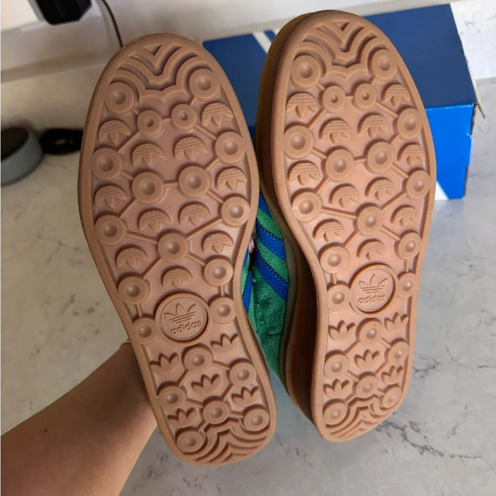 adidas Green Suede Sneakers with Blue Stripes and Gum Sole - Picture 3 of 4